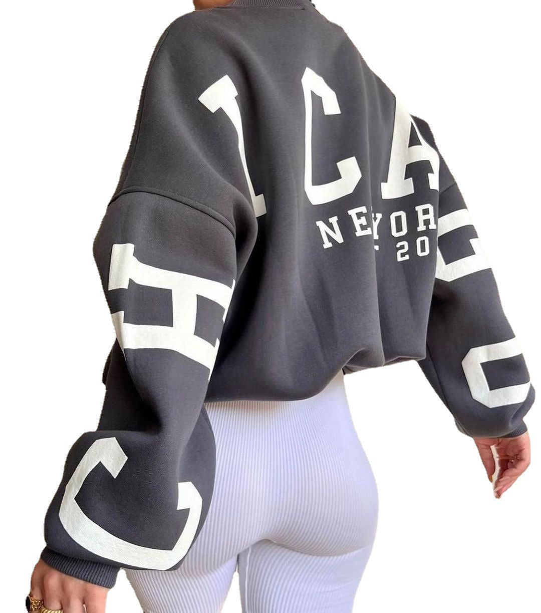 Casual Letters Print Sweatshirt Women Fashion Fleece Long Sleeve Loose Hoodies Y2k Streetwear Autumn Winter Lady Pullovers